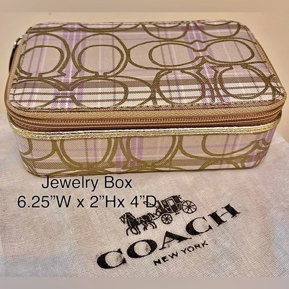 Coach Jewelry Box Zip Around/Divided Sections EUC Lavender&tan plaid w/kissingCs - Picture 1 of 10